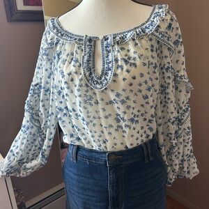 Max Studio White Peasant Blouse with Blue Floral Embroidery